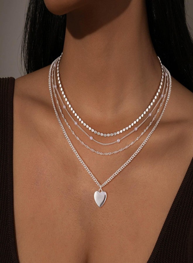 VIROMY Silver Necklace for Women 14k Gold Chain Necklaces Dainty Layered Necklaces Simple Stackable Neckalce Heart Pendant Necklaces Pearl Bead Chain Gold Choker Jewelry for Women - Image 3